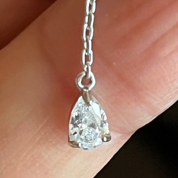 925 Sterling Silver Rhodium Plated Pear and Princess Cut CZ Dangle Earrings - Picture 7 of 14